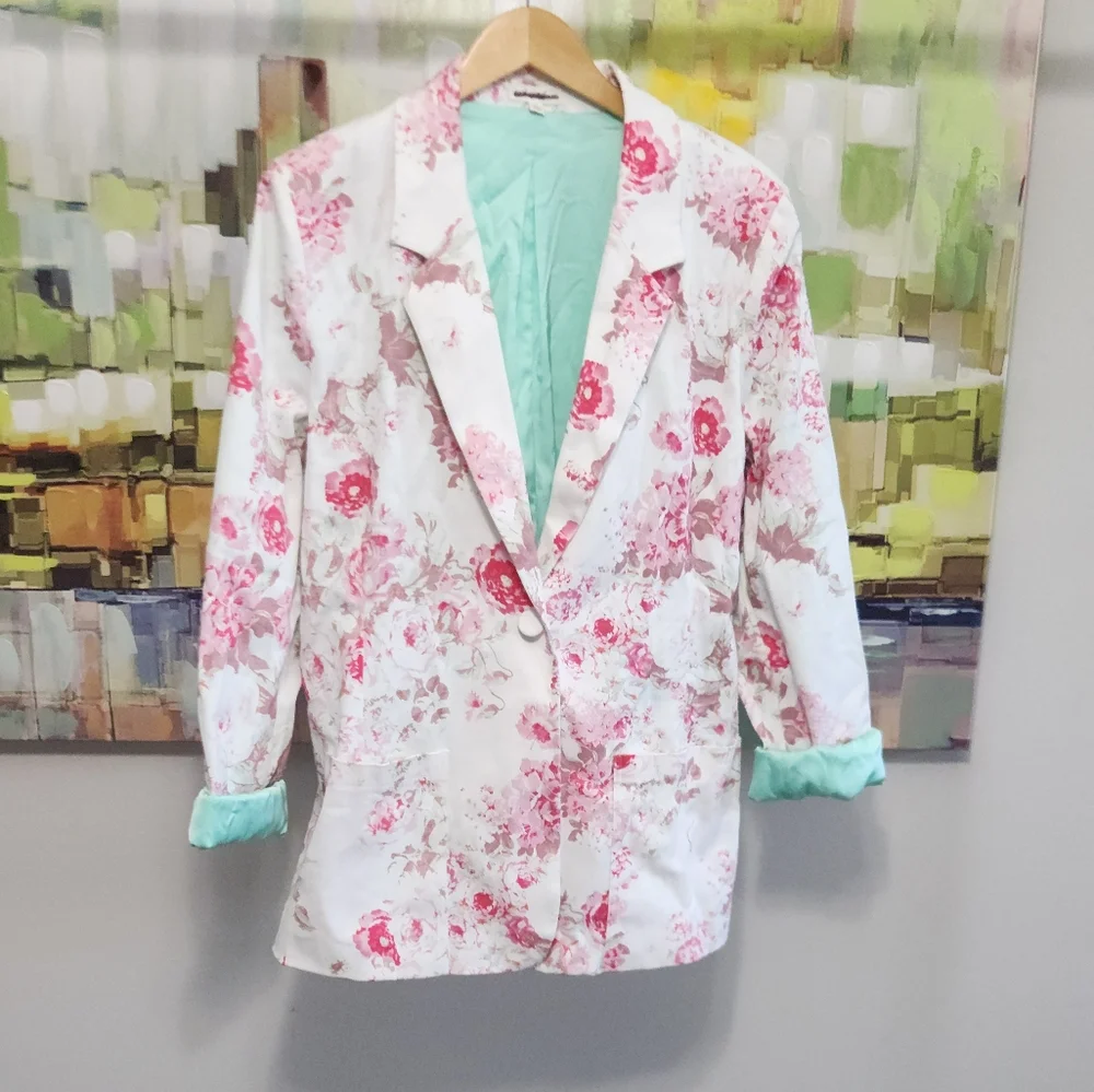 New!For Love And Lemons Weston Denim Floral‎ Women's Blazer - Pink and White